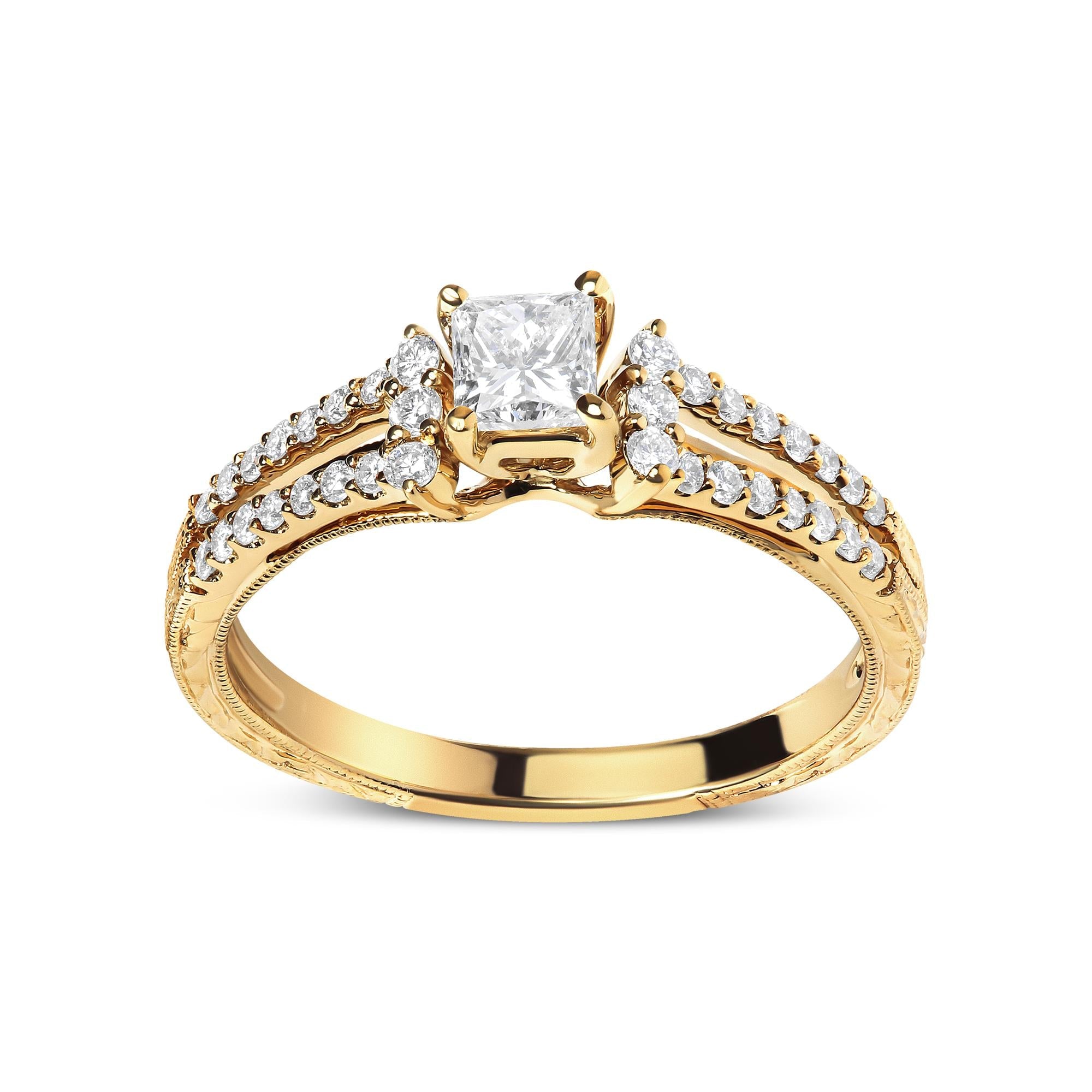 14K Yellow Gold Diamond 5/8 Cttw Princess Diamond Split Shank and Milgrain Engagement Ring (GH Color, VS2-SI1 Clarity) - Size 7