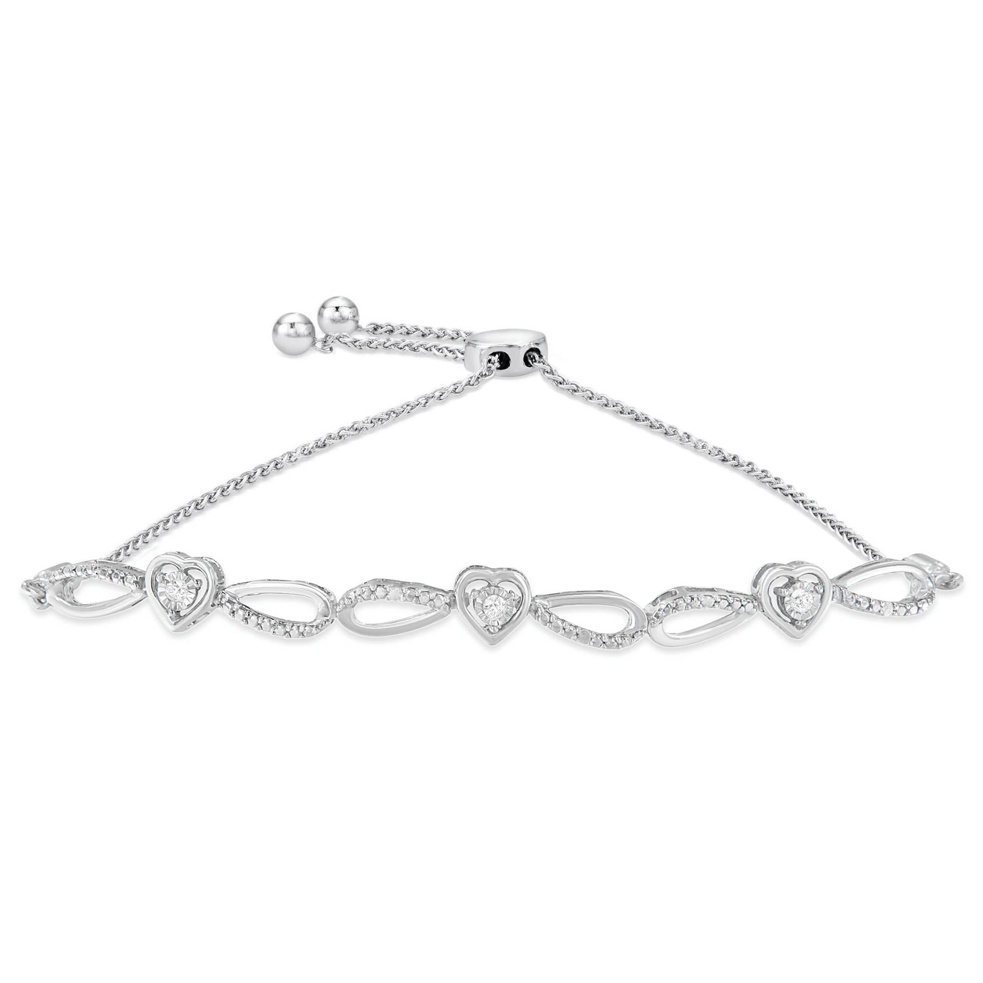 .925 Sterling Silver Diamond Accent Heart and Infinity 4”-10” Adjustable Bolo Bracelet (IJ Color, I3 Clarity)
