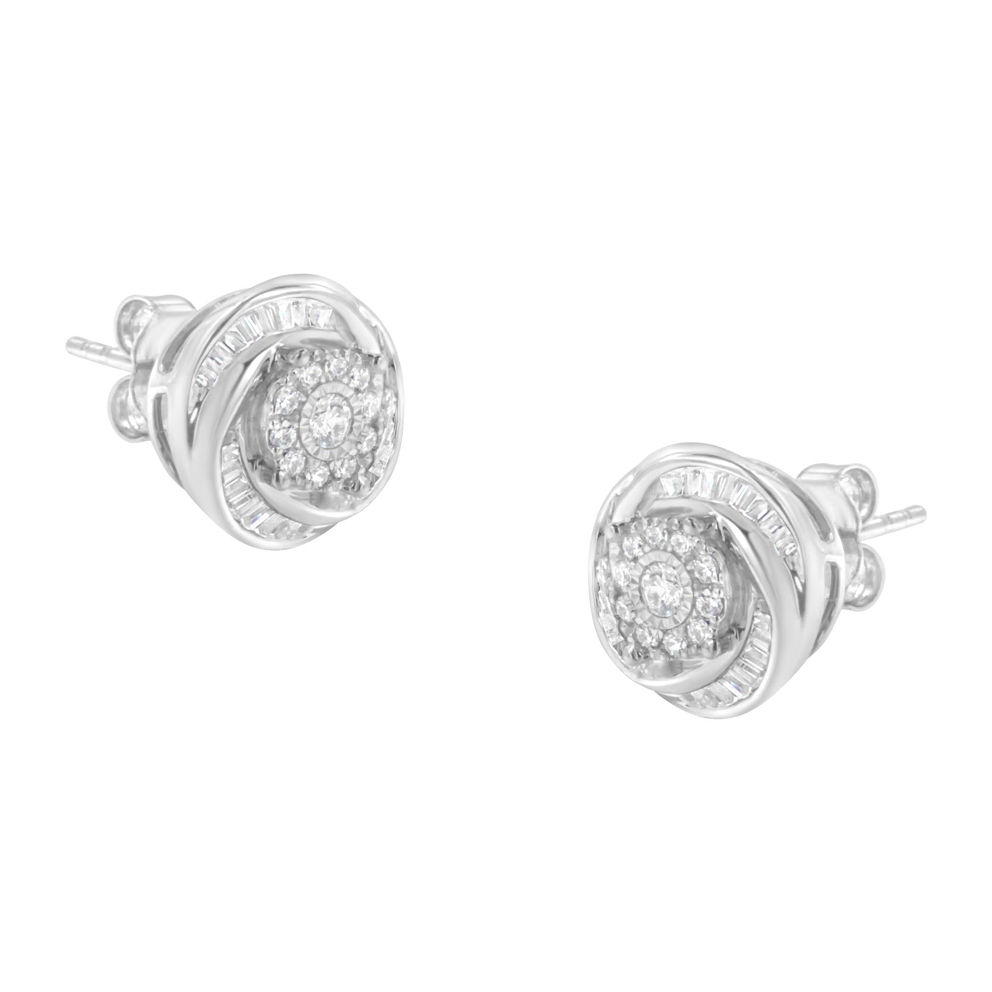 .925 Sterling Silver 3/4 Cttw Round and Baguette-Cut Diamond Love Knot Stud Earring (IJ Color, I2-I3 Clarity)