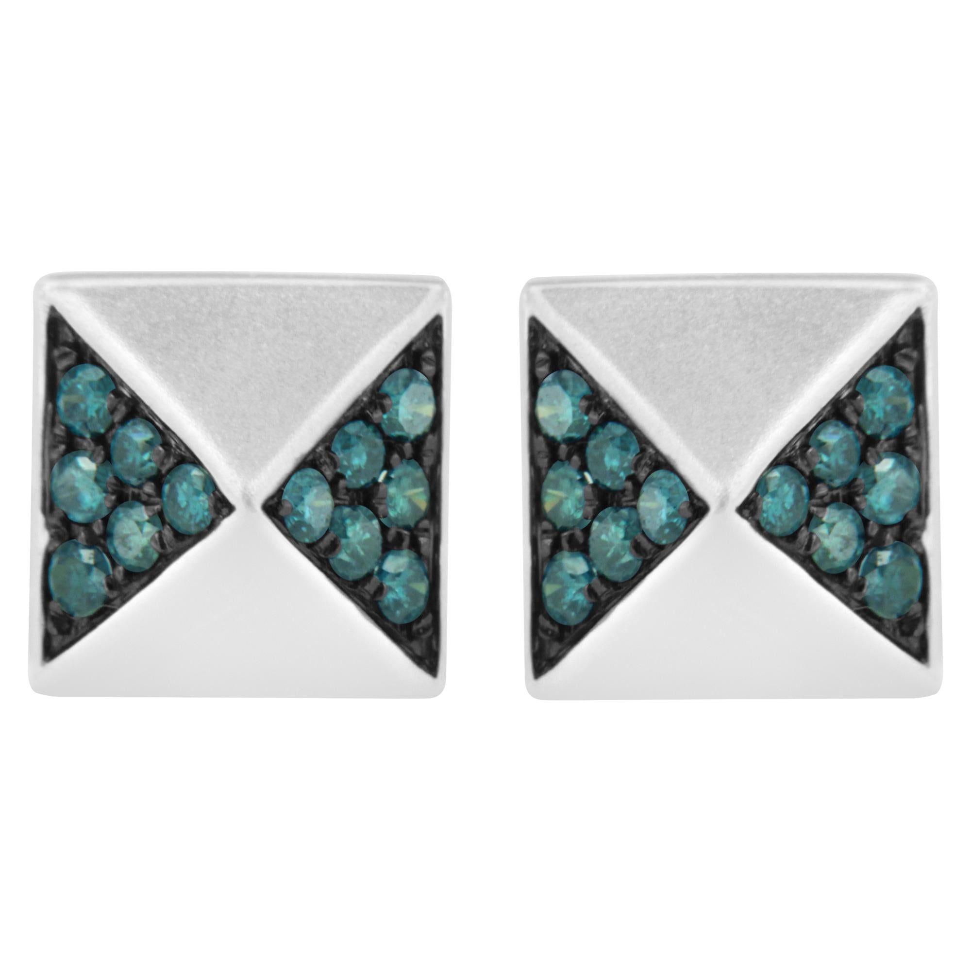 14K White Gold 1/4 Cttw Treated Blue Diamond Pyramid Stud Earring (Blue Color, SI1-SI2 Clarity)
