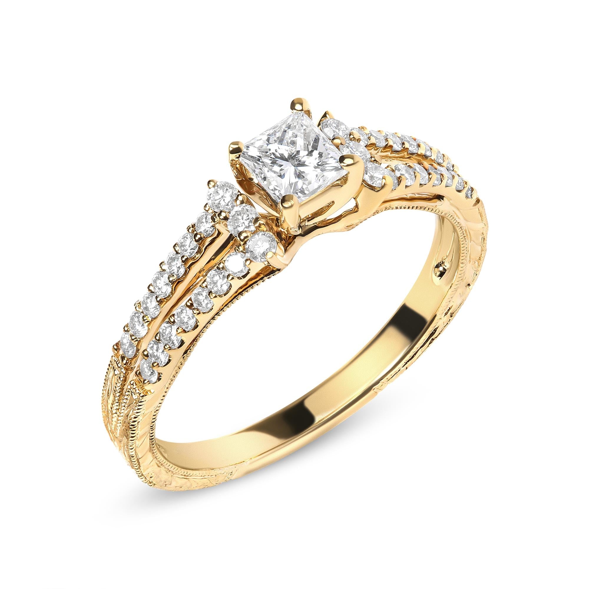 14K Yellow Gold Diamond 5/8 Cttw Princess Diamond Split Shank and Milgrain Engagement Ring (GH Color, VS2-SI1 Clarity) - Size 7