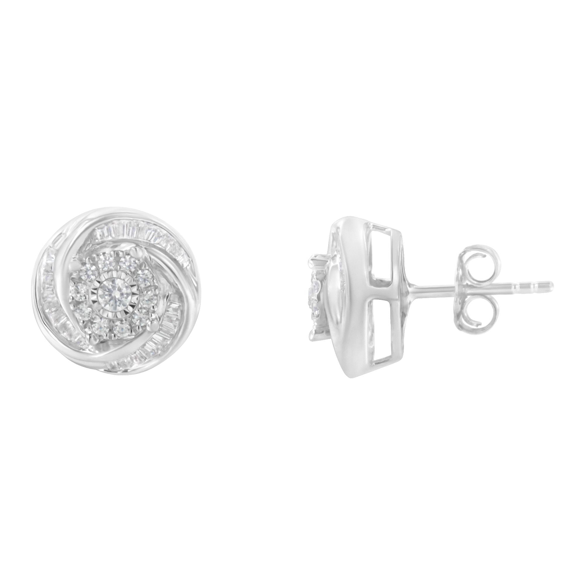 .925 Sterling Silver 3/4 Cttw Round and Baguette-Cut Diamond Love Knot Stud Earring (IJ Color, I2-I3 Clarity)