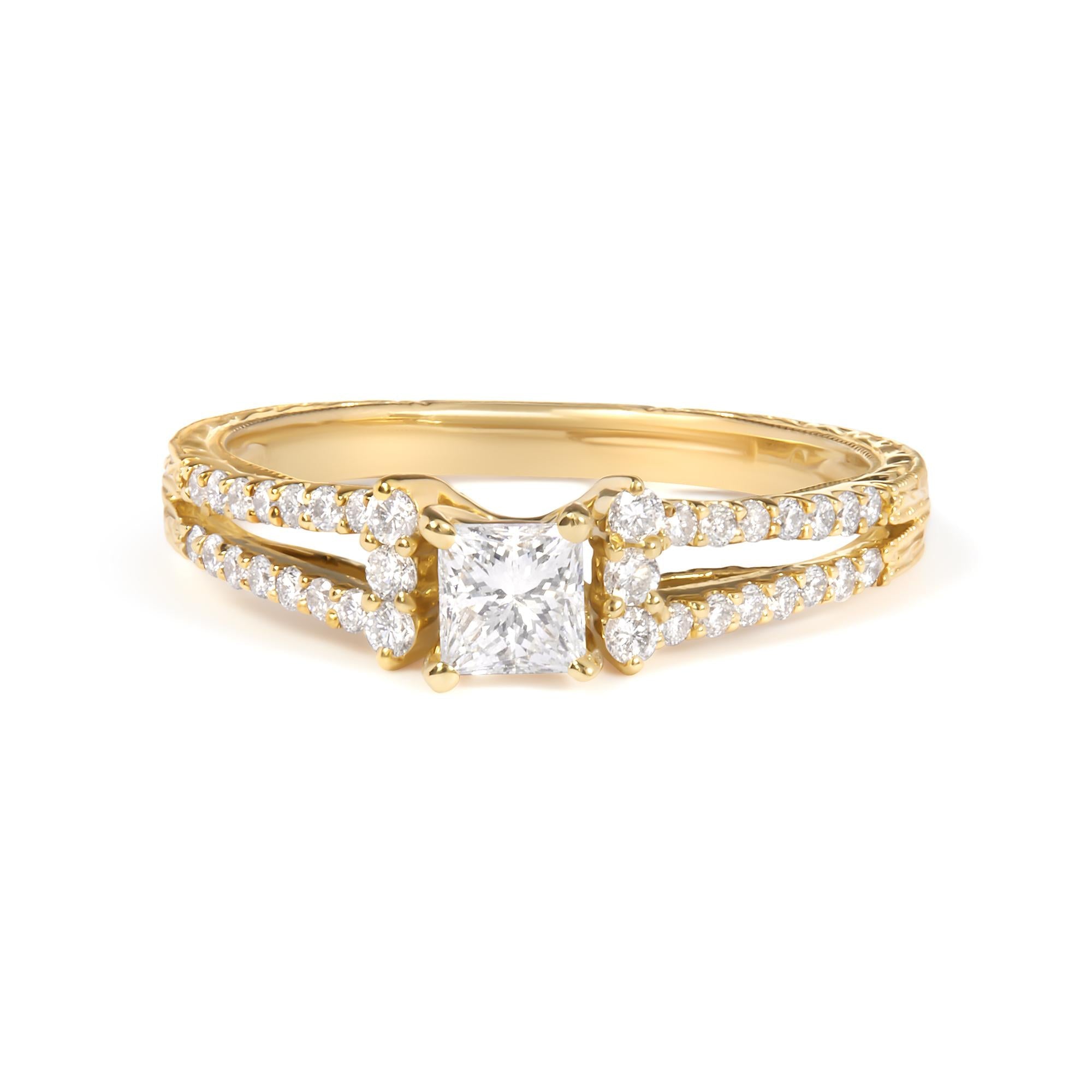 14K Yellow Gold Diamond 5/8 Cttw Princess Diamond Split Shank and Milgrain Engagement Ring (GH Color, VS2-SI1 Clarity) - Size 7