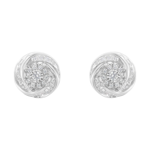 .925 Sterling Silver 3/4 Cttw Round and Baguette-Cut Diamond Love Knot Stud Earring (I-J Color, I2-I3 Clarity)