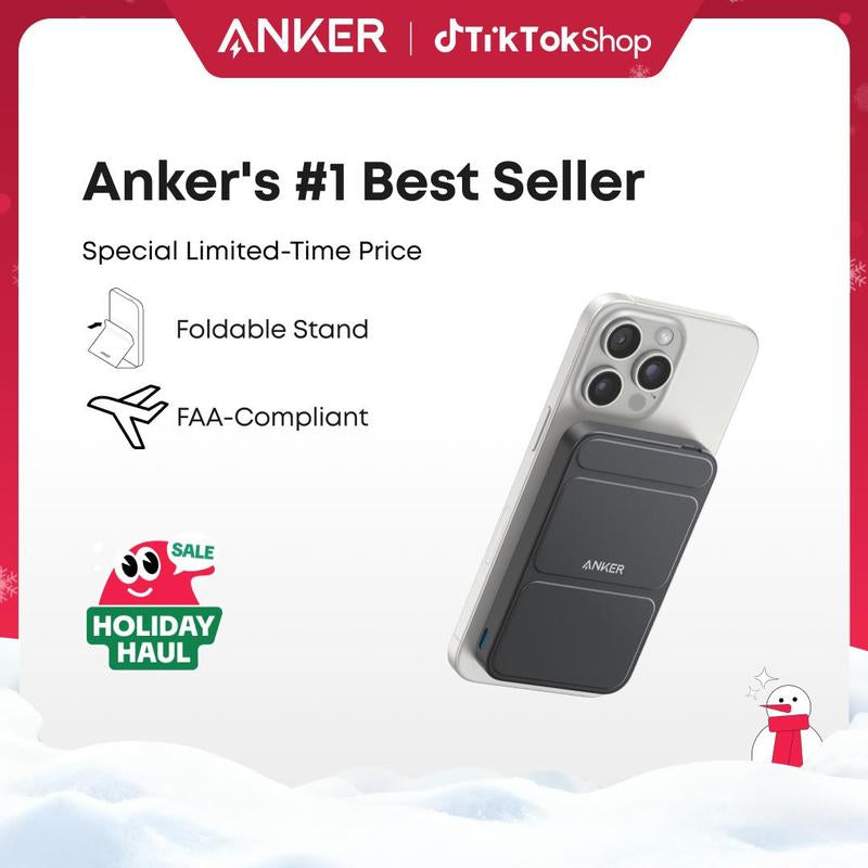 Anker Magnetic Power Bank, Built-In Foldable Stand, USB-C Port on the Side, 5,000Mah Capacity, Perfectly Compatible with Iphone 17/16/15/14/13 Series