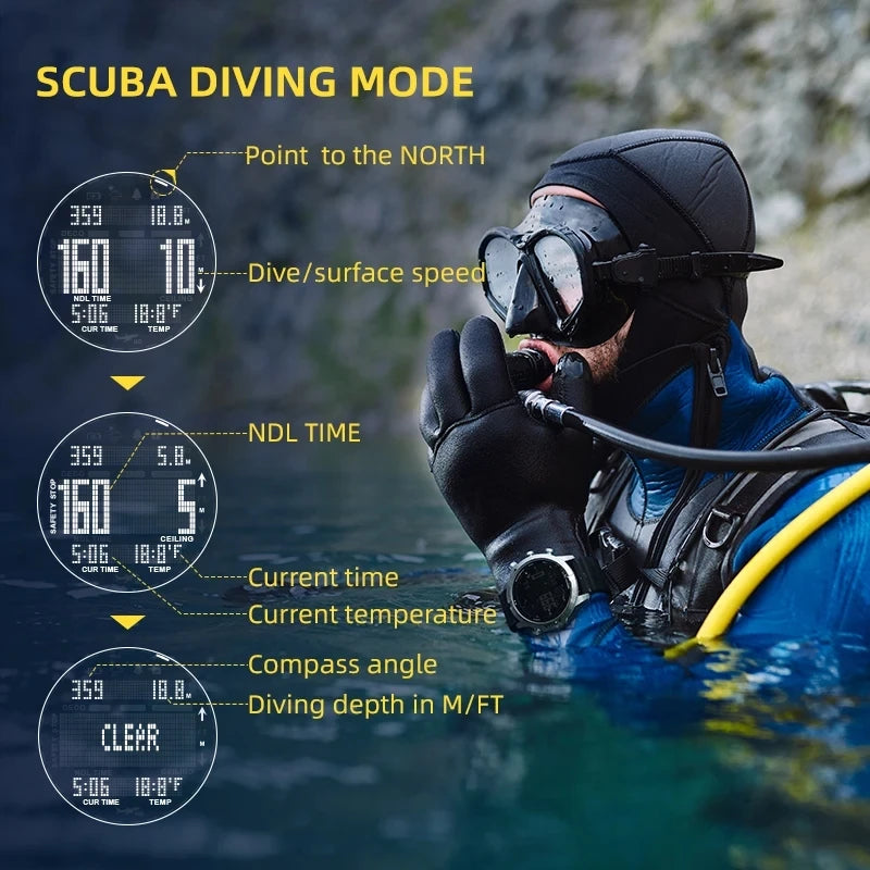 Men Dive Computer Watch Waterproof 100M Smart Digital Free Diving Watches Barometer Compass Temperature Clock