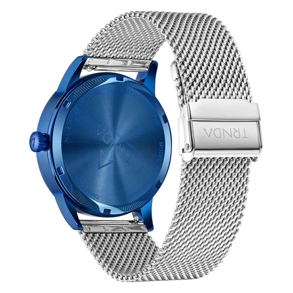 Trnda Men's Stainless Steel Blue Watch, Silver Mesh Band | Trnda-Bl43