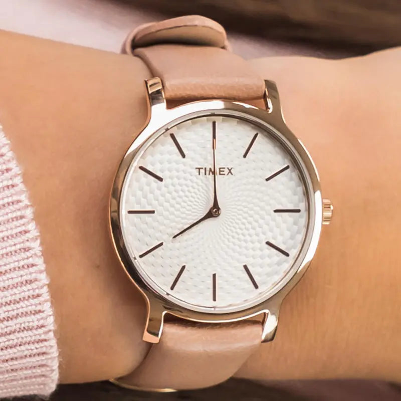 Timex Women's Pink Leather Watch, Silver Dial | tw2r85200