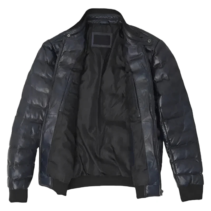 Mens Black Lambskin Puffer Bomber Jacket