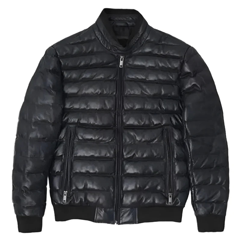 Mens Black Lambskin Puffer Bomber Jacket