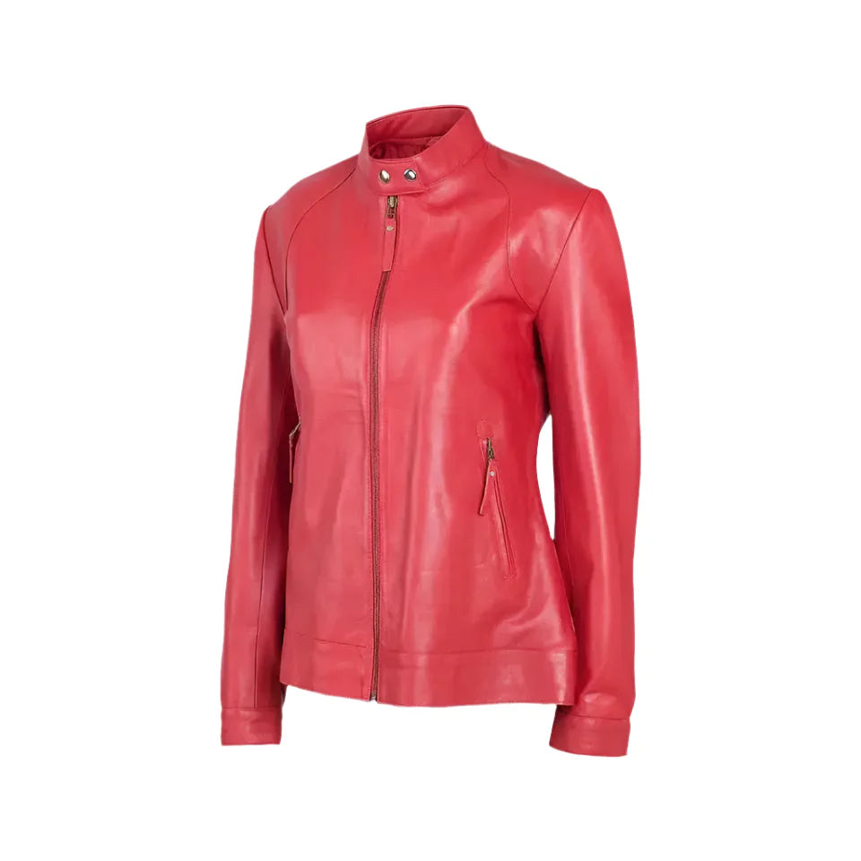Women's Red Band Collar Biker Leather Jacket